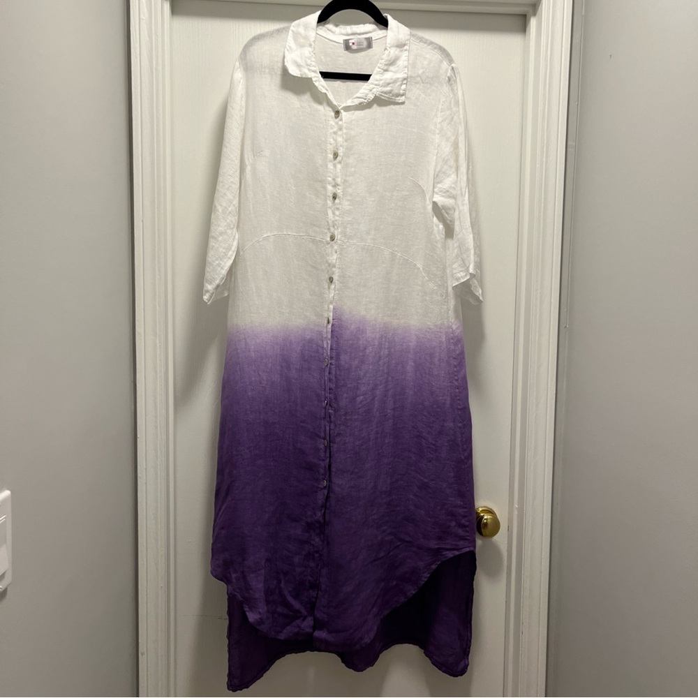 Tina Stephens 100% Linen Button Front Shirt Dress Maxi Cover Up One Size Ombre